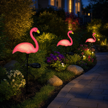 Set 3 Lămpi Solare LED Flamingo Roz cu Cioc Galben, Model Nou, 53 cm, Lumină Caldă, IP65, Decorațiuni pentru Grădină [0]