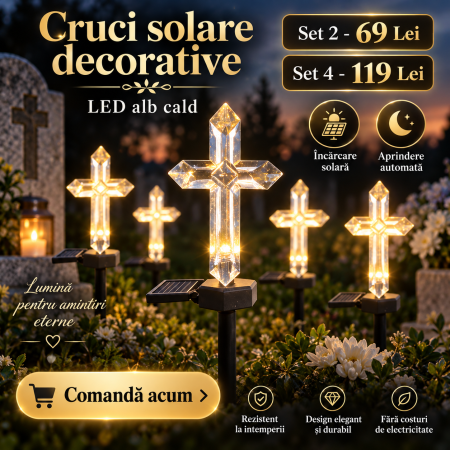 Lampi Solare Decorative - Set 4 Cruci Solare Decorative LED Alb Cald pentru Gradina si Cimitir – Iluminare Automata