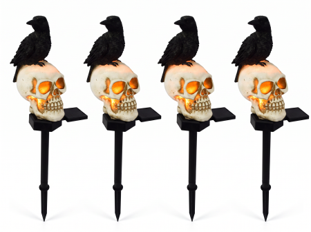 Set 2 sau 4 Lămpi Solare Halloween cu Craniu și Cioară, Decorațiuni pentru Grădină și Curte [1]