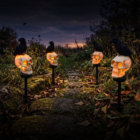 Lampi Solare Decorative - Set 2 sau 4 Lămpi Solare Halloween cu Craniu și Cioară, Decorațiuni pentru Grădină și Curte