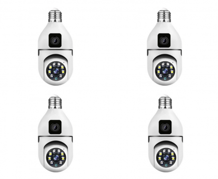 Pachete Promotionale - Set 4 x Jortan JTZ-9696PROB: Cameră Supraveghere Duală Tip Bec, HD, WiFi, Vedere 360° Full Color, Aplicație Icsee