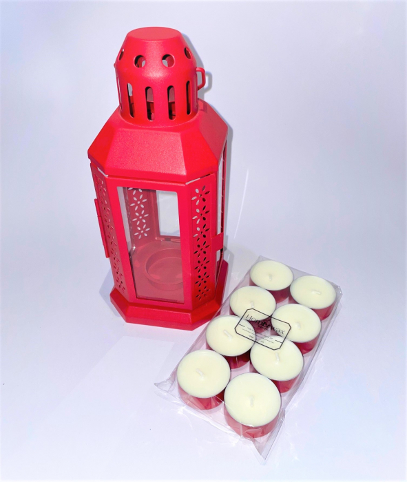 Set felinar metalic rosu si 8 lumanari neparfumate din ceara naturala de soia, tip pastila, 128 g [2]