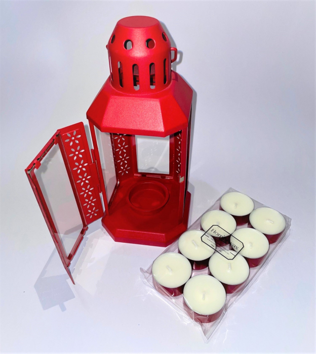 Set felinar metalic rosu si 8 lumanari neparfumate din ceara naturala de soia, tip pastila, 128 g [4]