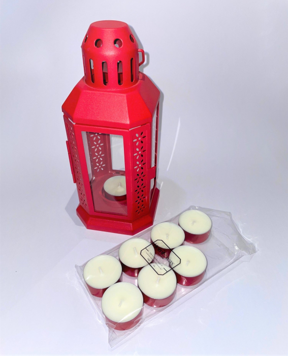 Set felinar metalic rosu si 8 lumanari neparfumate din ceara naturala de soia, tip pastila, 128 g [6]