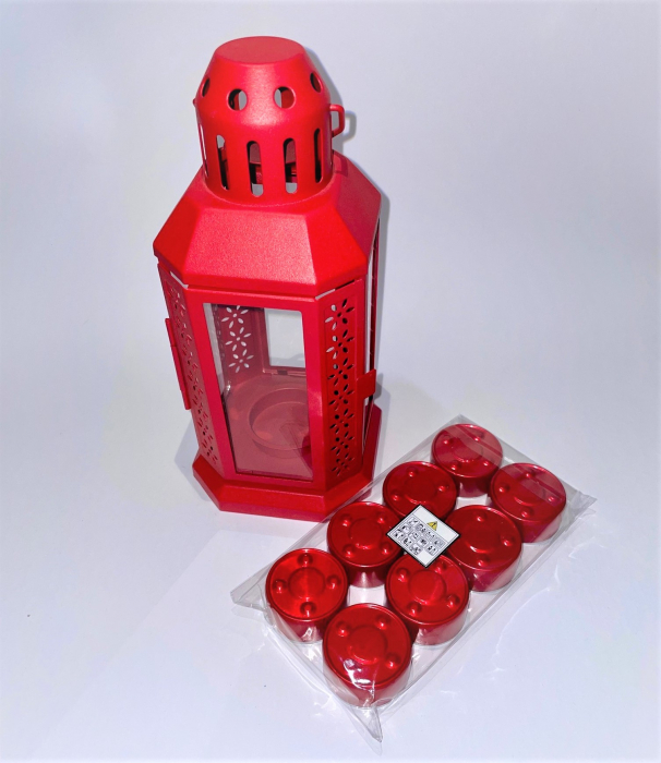 Set felinar metalic rosu si 8 lumanari neparfumate din ceara naturala de soia, tip pastila, 128 g [3]