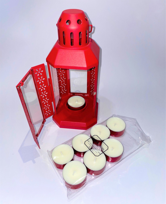 Set felinar metalic rosu si 8 lumanari neparfumate din ceara naturala de soia, tip pastila, 128 g [5]