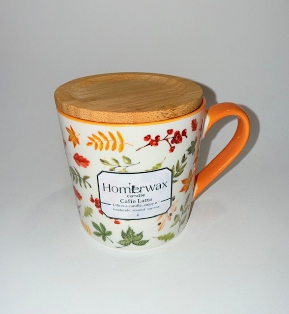 Lumanare parfumata din ceara de soia, in cana din ceramica cu model de sezon – colectia de toamna – Fosnet de frunze, 240 g, cu mini dovlecei [4]