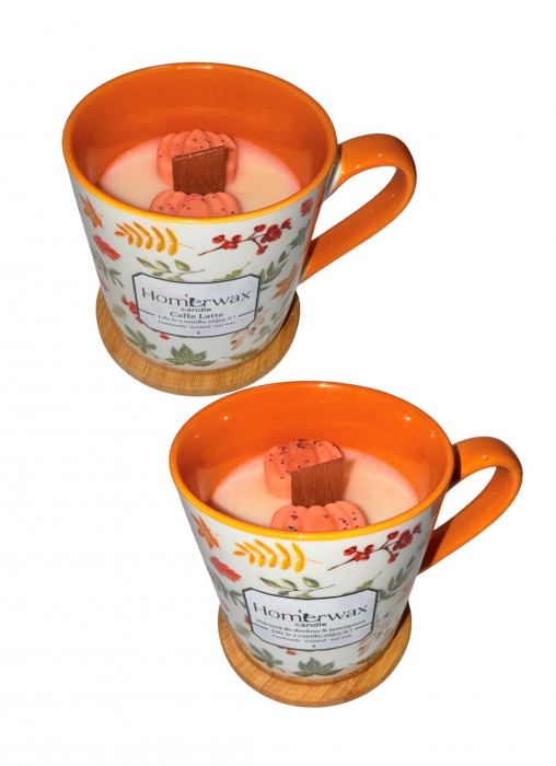 Lumanare parfumata din ceara de soia, in cana din ceramica cu model de sezon – colectia de toamna – Fosnet de frunze, 240 g, cu mini dovlecei [2]