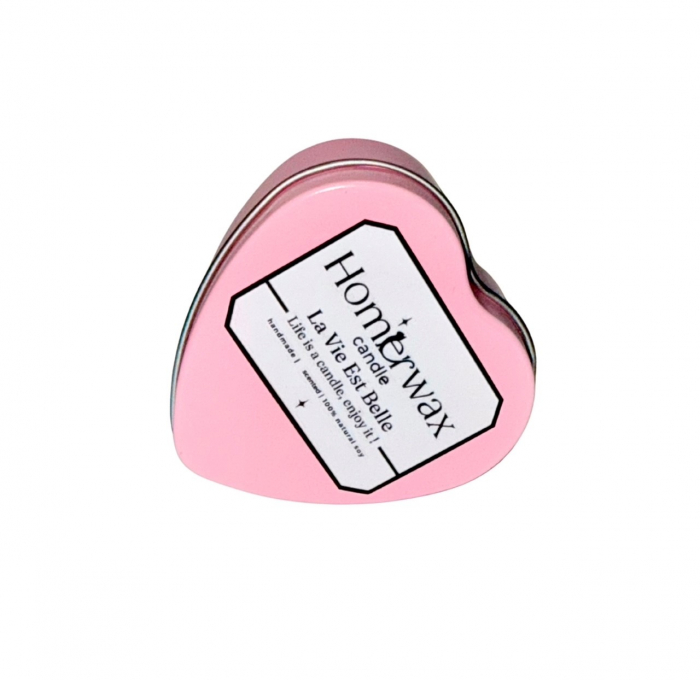 Lumanare parfumata din ceara naturala de soia, in recipient metalic reutilizabil, in forma de inima, culoare roz, cantitate ceara 40 g, arome: Alien sau La vie est belle [7]