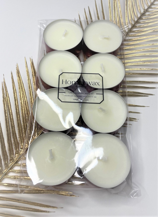 Set lumanari neparfumate din ceara naturala de soia, tip pastila, 8 buc, 128 g cantitate ceara / set , culoarea ambalaj rosu ​​​​​​​Sunt ambalate intr-o punga transparenta de celofan.  [2]
