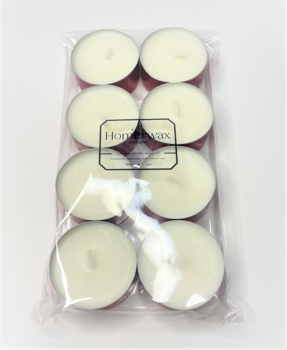 Set lumanari neparfumate din ceara naturala de soia, tip pastila, 8 buc, 128 g cantitate ceara / set , culoarea ambalaj rosu ​​​​​​​Sunt ambalate intr-o punga transparenta de celofan.  [3]