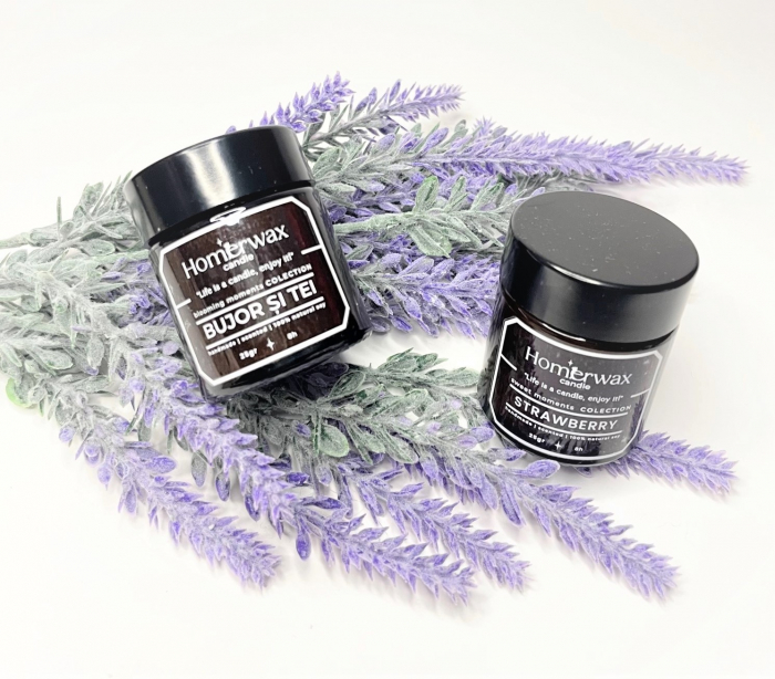 Set 2 mini lumanari parfumate din ceara de soia, borcane ambra, 2 arome diferite, 25 g/buc, cutie eleganta Black Opium // Flori de primavara Bujor si tei // Capsuni Lavanda // Lapte si miere [5]