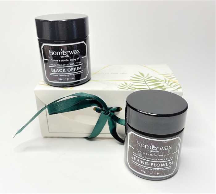 Set 2 mini lumanari parfumate din ceara de soia, borcane ambra, 2 arome diferite, 25 g/buc, cutie eleganta Black Opium // Flori de primavara Bujor si tei // Capsuni Lavanda // Lapte si miere [7]