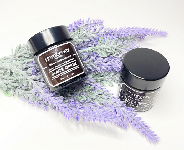 Set 2 mini lumanari parfumate din ceara de soia, borcane ambra, 2 arome diferite, 25 g/buc, cutie eleganta Black Opium // Flori de primavara Bujor si tei // Capsuni Lavanda // Lapte si miere [4]