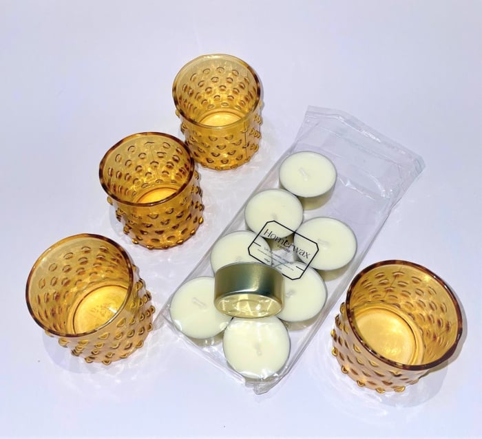 4 pahare aurii si 8 lumanari neparfumate din ceara naturala de soia, tip pastila, 128 g [6]