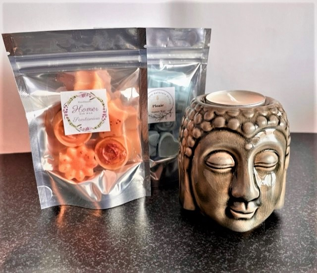 Set cadou ceara parfumata de soia 2 seturi ( Ploaie si Scortisoara) de cate 5 bucati de ceara cantitate ceara 50 - 60 g si vas de ceramica maro lucios Buddha [2]