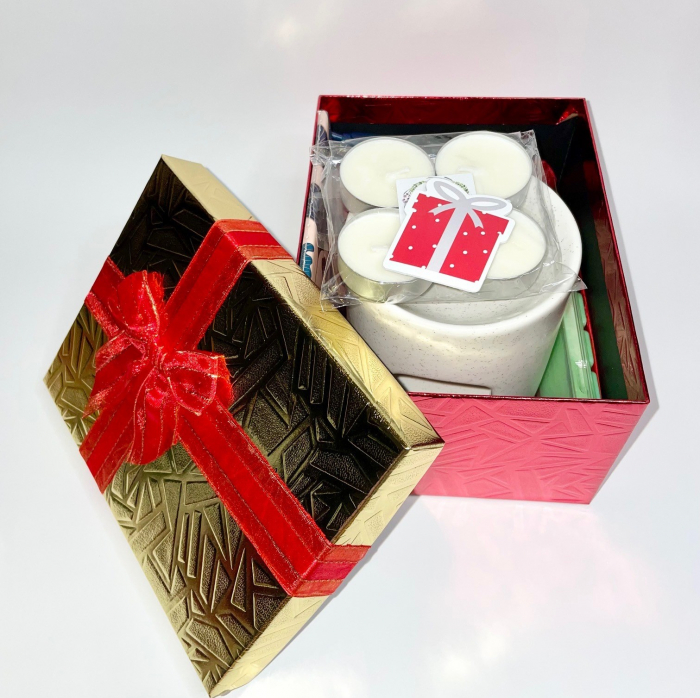 Cutie eleganta de Craciun, vas bej de ceramica, snap bar, ceara parfumata de soia, handmade, aroma Craciun, 50 g set 4 lumanari tip pastila [3]