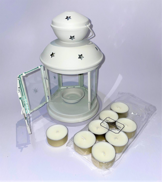 Set felinar metalic bej si 8 lumanari neparfumate din ceara naturala de soia, tip pastila, 128 g [5]