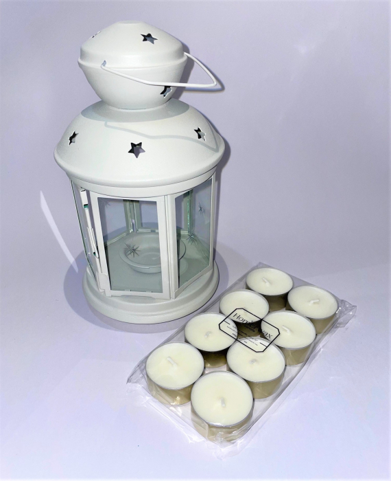 Set felinar metalic bej si 8 lumanari neparfumate din ceara naturala de soia, tip pastila, 128 g [2]