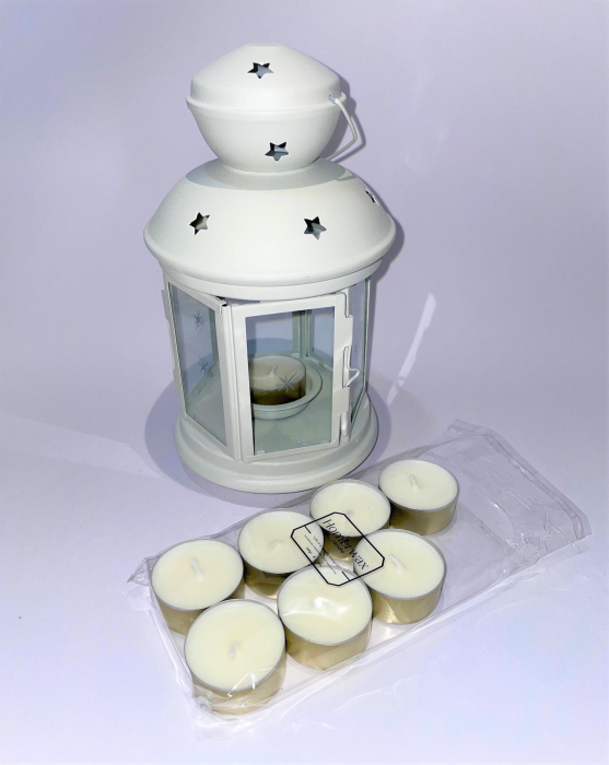 Set felinar metalic bej si 8 lumanari neparfumate din ceara naturala de soia, tip pastila, 128 g [6]