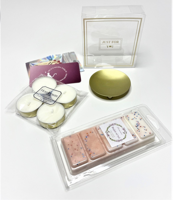 Cutie eleganta, set lumanari neparfumate, suport metalic auriu, snap bar clam shell aroma Bujor si tei, 100 g [3]