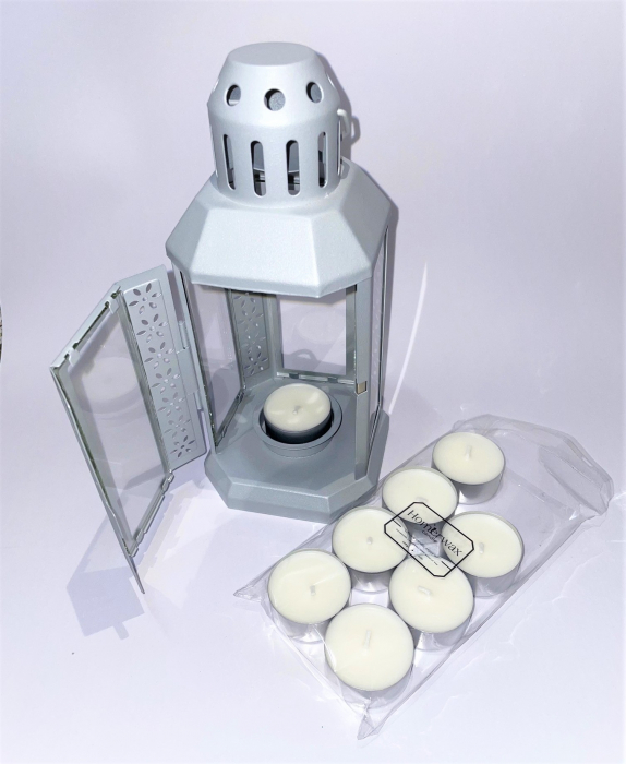 Set felinar metalic gri si 8 lumanari neparfumate din ceara naturala de soia, tip pastila, 128 g [5]