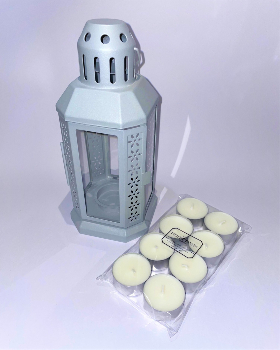 Set felinar metalic gri si 8 lumanari neparfumate din ceara naturala de soia, tip pastila, 128 g [2]