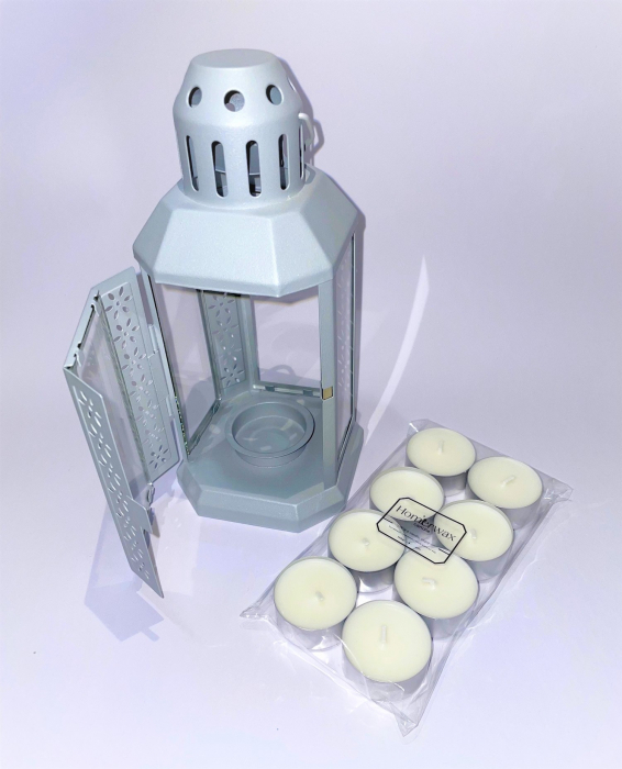 Set felinar metalic gri si 8 lumanari neparfumate din ceara naturala de soia, tip pastila, 128 g [3]