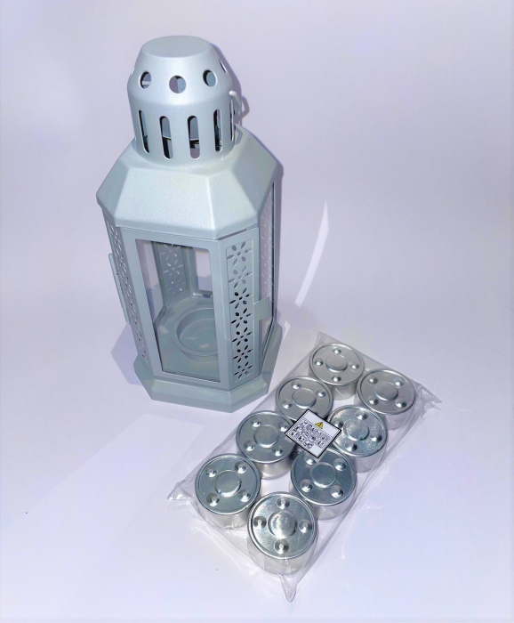 Set felinar metalic gri si 8 lumanari neparfumate din ceara naturala de soia, tip pastila, 128 g [4]