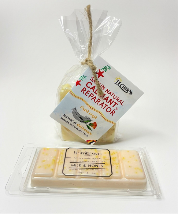 Setul contine: Snap bar cu ceara parfumata de soia, aroma Lapte si miere, clam shell, 50 g; Sapun natural Dupa plaja, Techir, Namol si Galbenele, 120 g.  [4]