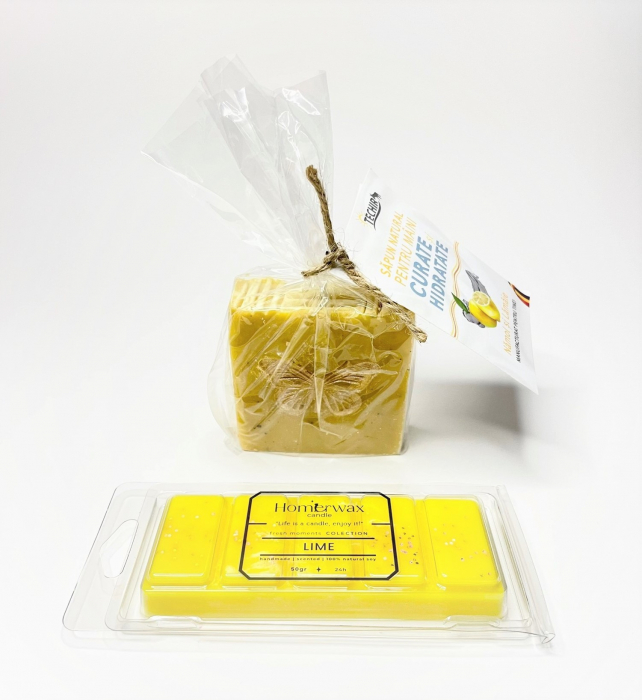 Setul contine: 1. Snap bar cu ceara parfumata de soia, aroma Lime, clam shell, 50 g; 2. Sapun natural hidratant multicolor, Techir, Namol si Lamaie, 120 g.   [4]