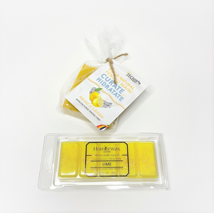 Setul contine: 1. Snap bar cu ceara parfumata de soia, aroma Lime, clam shell, 50 g; 2. Sapun natural hidratant multicolor, Techir, Namol si Lamaie, 120 g.   [5]