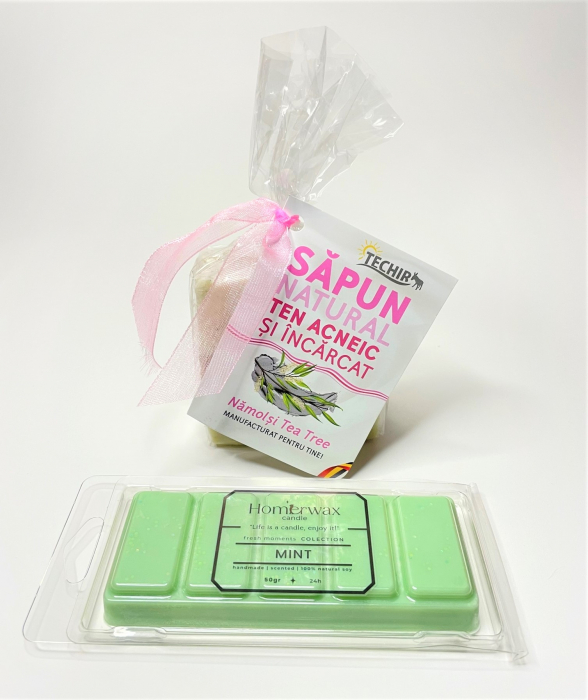Setul contine: Snap bar cu ceara parfumata de soia, aroma Menta, clam shell, 50 g; Sapun natural pentru ten acneic si incarcat, Techir, Namol si Tea Tree, 120 g.   [2]