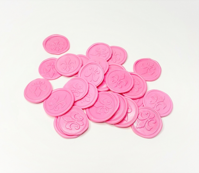 Sigiliu din ceara pentru invitatii nunta/botez, roz, model trandafir sau crin, autoadeziv, 25 buc/set. Ambalare: punga opaca cu buline albe. [12]