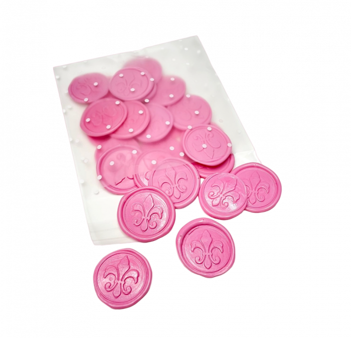 Sigiliu din ceara pentru invitatii nunta/botez, roz, model trandafir sau crin, autoadeziv, 25 buc/set. Ambalare: punga opaca cu buline albe. [7]