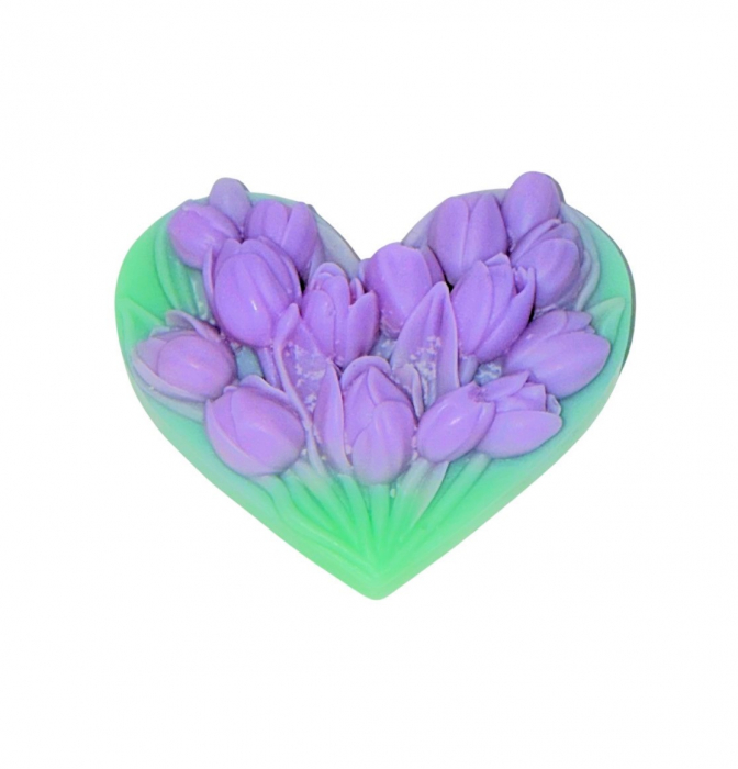 Tableta din ceara soia, parfumata, odorizant, handmade, Lalele mov pe pat de inima verde, 40 g [1]