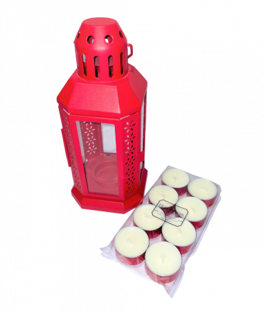 Lumanari neparfumate - Set felinar metalic rosu si 8 lumanari neparfumate din ceara naturala de soia, tip pastila, 128 g