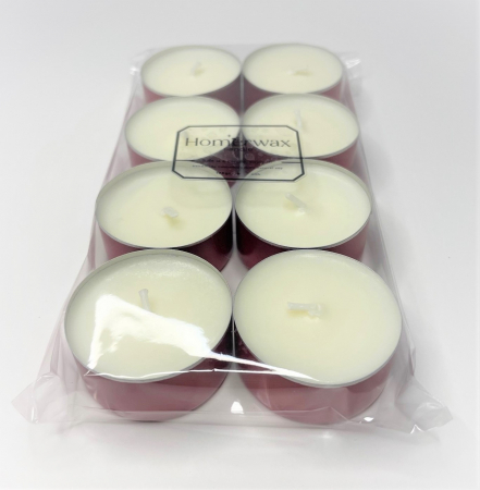 Set lumanari neparfumate din ceara naturala de soia, tip pastila, 8 buc, 128 g cantitate ceara / set , culoarea ambalaj rosu ​​​​​​​Sunt ambalate intr-o punga transparenta de celofan.  [4]