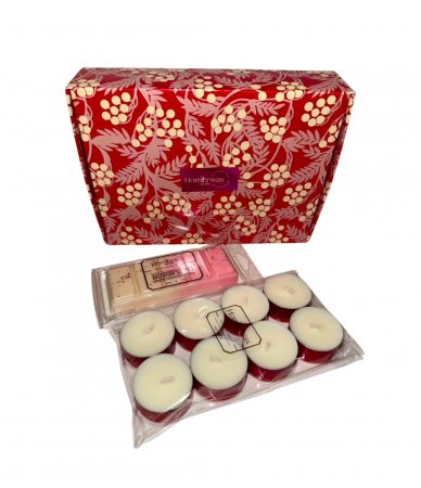Bucati de ceara parfumata - Setul red box contine o tableta ( snap bar) parfumata din ceara naturala de soia, cu aroma Bujor si tei, 50 g, 8 lumanari neparfumate din ceara naturala de soia, tip pastila, 128 g si o cutie eleganta de culoare rosie cu model