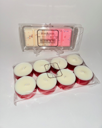 Setul red box contine o tableta ( snap bar) parfumata din ceara naturala de soia, cu aroma Bujor si tei, 50 g, 8 lumanari neparfumate din ceara naturala de soia, tip pastila, 128 g si o cutie eleganta de culoare rosie cu model [1]