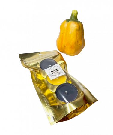 Marturii nunta / botez - Set lumanari parfumate, tip pastila, aroma Hocus Pocus - Dovleac, din ceara naturala de soia, handmade, 3 buc, cantitate ceara 60 g