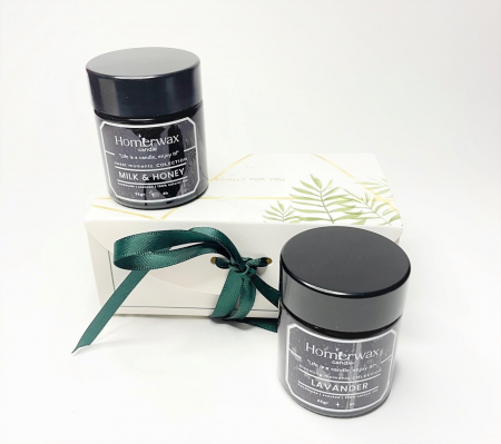 Set 2 mini lumanari parfumate din ceara de soia, borcane ambra, 2 arome diferite, 25 g/buc, cutie eleganta Black Opium // Flori de primavara Bujor si tei // Capsuni Lavanda // Lapte si miere [8]