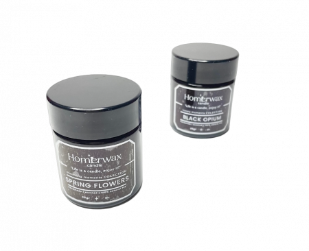 Lumanari parfumate - Set 2 mini lumanari parfumate din ceara de soia, borcane ambra, 2 arome diferite, 25 g/buc, cutie eleganta Black Opium // Flori de primavara Bujor si tei // Capsuni Lavanda // Lapte si miere