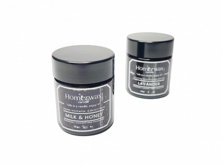 Set 2 mini lumanari parfumate din ceara de soia, borcane ambra, 2 arome diferite, 25 g/buc, cutie eleganta Black Opium // Flori de primavara Bujor si tei // Capsuni Lavanda // Lapte si miere [2]