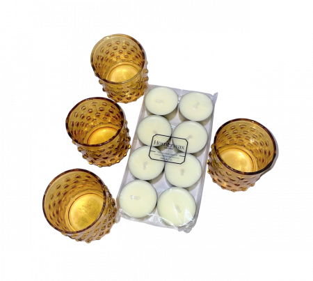 Lumanari neparfumate - 4 pahare aurii si 8 lumanari neparfumate din ceara naturala de soia, tip pastila, 128 g