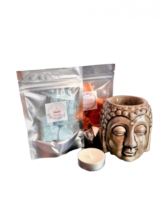 Seturi cadou - Set cadou ceara parfumata de soia 2 seturi ( Ploaie si Scortisoara) de cate 5 bucati de ceara cantitate ceara 50 - 60 g si vas de ceramica maro lucios Buddha