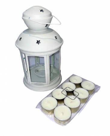 Toate produsele - Set felinar metalic bej si 8 lumanari neparfumate din ceara naturala de soia, tip pastila, 128 g