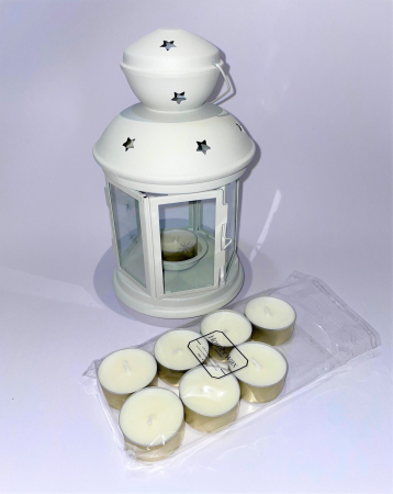 Set felinar metalic bej si 8 lumanari neparfumate din ceara naturala de soia, tip pastila, 128 g [5]