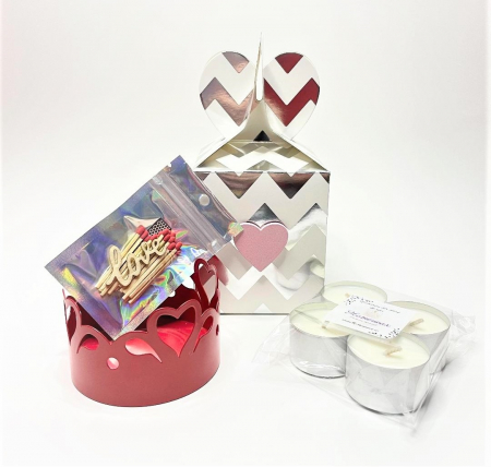 Cutie eleganta cu suport metalic pentru lumanare, set 4 lumanari tip pastila, ambalaj argintiu, handmade [5]