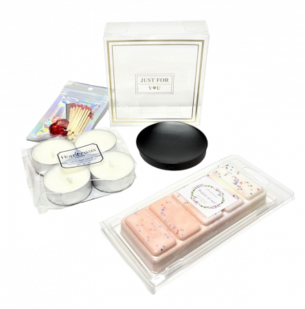 Seturi cadou - Cutie eleganta, set lumanari neparfumate, suport ,etalic negru, snap bar clam shell aroma Bujor si tei, 100 g